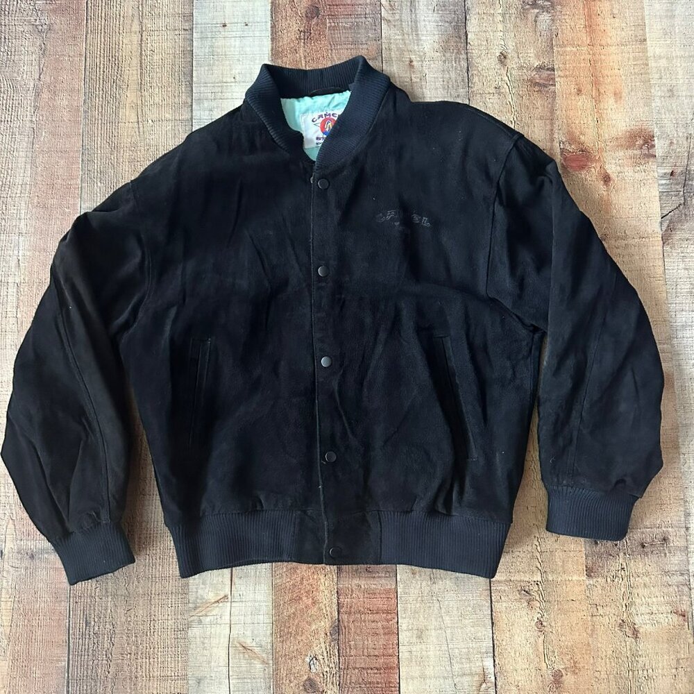 Vintage Camel Black Leather Suede Bomber Jacket With Ribbed Cuffs & Snap Buttons